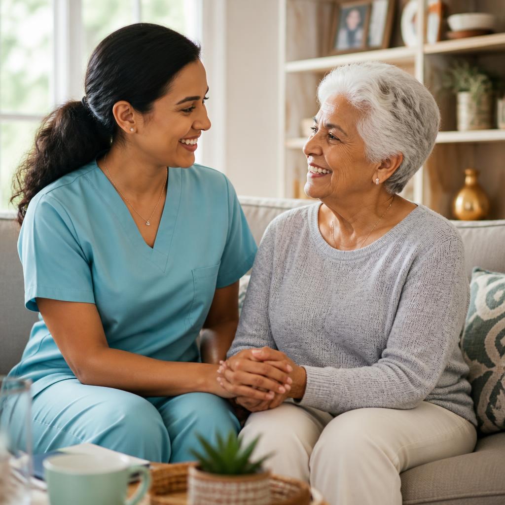 Caregiver holding hands with an elderly woman on a sofa