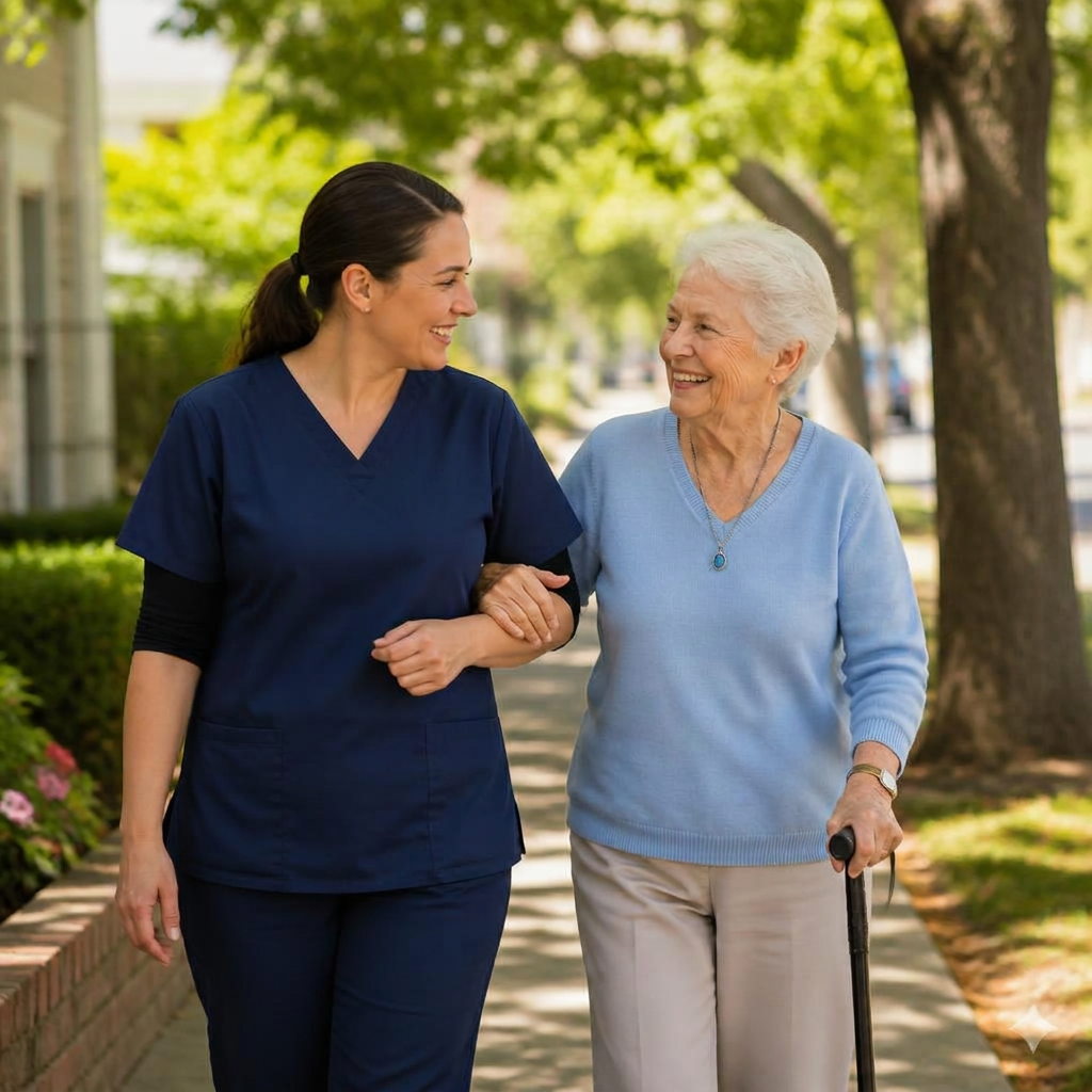 Caregiver walking arm-in-arm with an elderly client outdoors