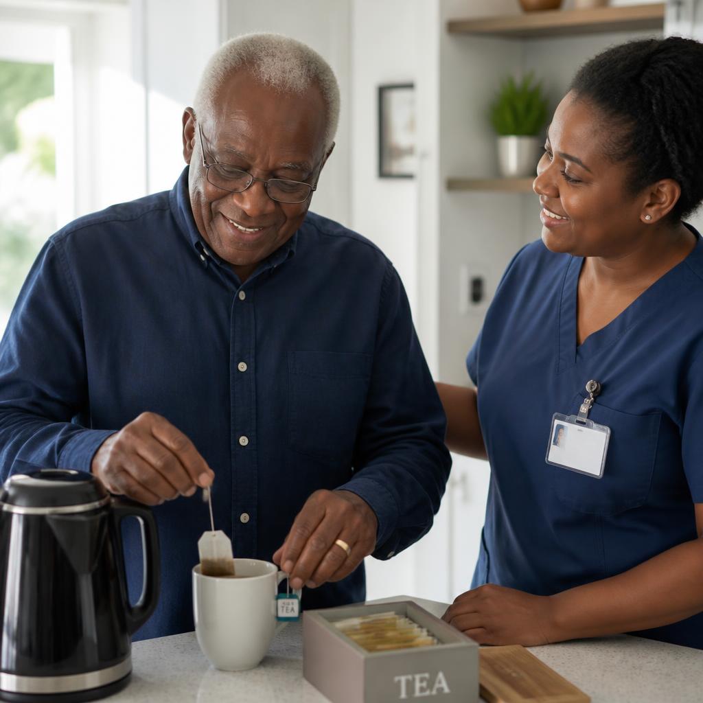 Elderly man making tea in his kitchen with a caregiver nearby